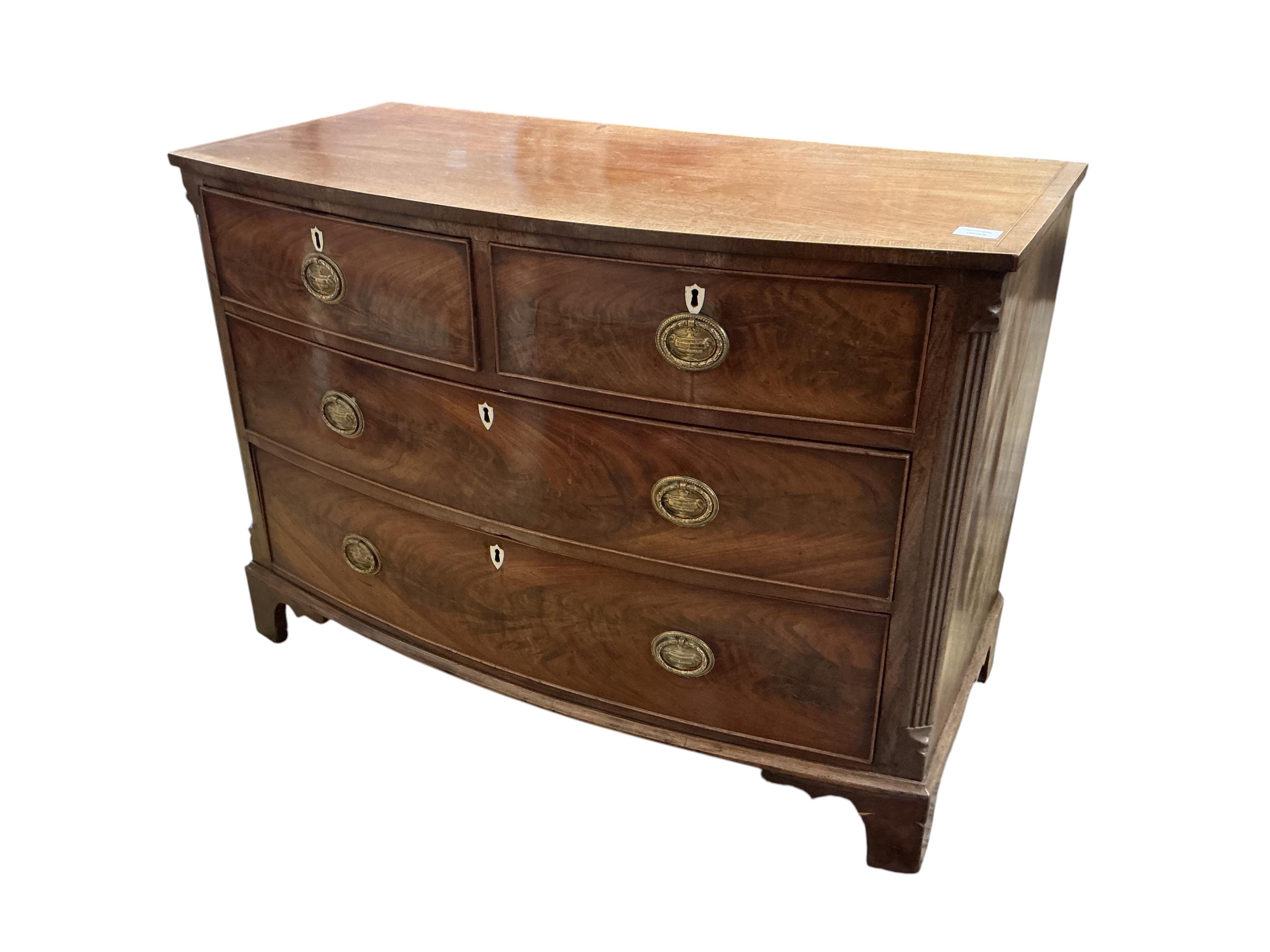 A Regency mahogany four drawer bowfront chest, with ivory escutcheons, width 106cm, depth 53cm, height 76cm CITES Submission reference, L1WCNUFE